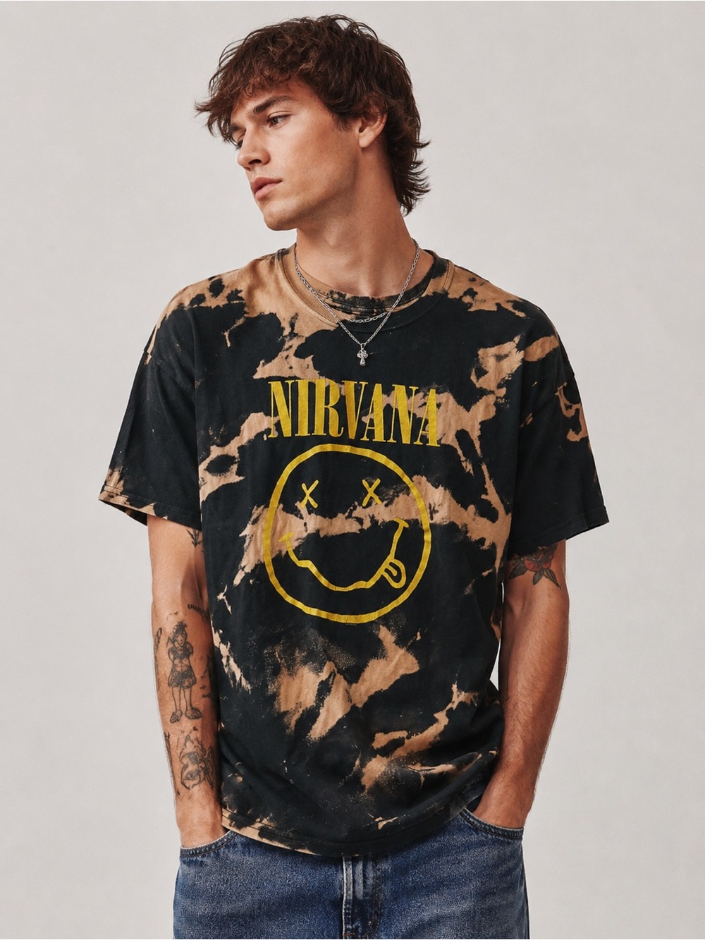 NIRVANA Bleach-Splatter Smiley Distressed Black & Tan Graphic Tee